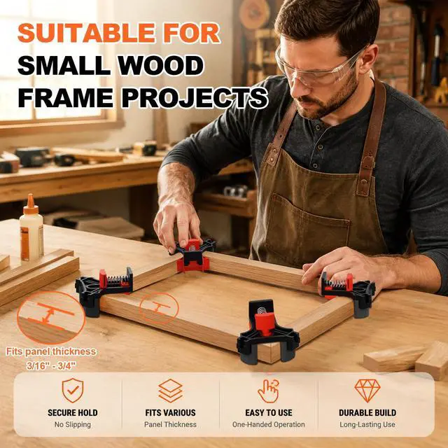 Alt view image 5 of 7 - 90 Degree Corner Clamp Set, 4 Pcs Adjustable Clamps for Woodworking | 4-Piece Set, 90° Corner Clamps, Fits 3/16"-3/4" Wood, Strong Spring, Easy One-Hand Operation, Durable Polyamide, Gift Box