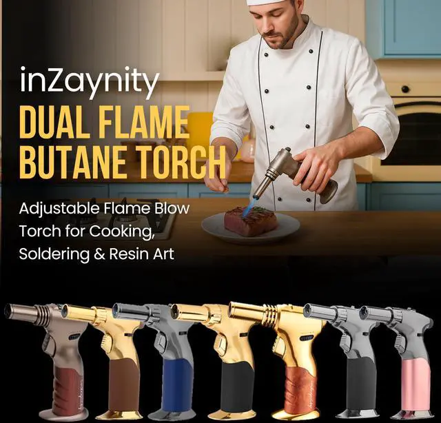 Alt view image 6 of 7 - Dual Flame Butane Torch Gun - Refillable Luxury Hand Held Mini Blow Torch for Cooking, Creme Brulee, Soldering, Welding, & Resin Art - Adjustable Flame with Ignition Lock - Gold Brown by ®