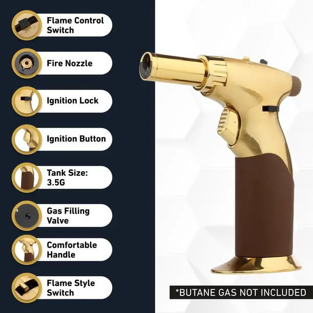 Alt view image 4 of 7 - Dual Flame Butane Torch Gun - Refillable Luxury Hand Held Mini Blow Torch for Cooking, Creme Brulee, Soldering, Welding, & Resin Art - Adjustable Flame with Ignition Lock - Gold Brown by ®