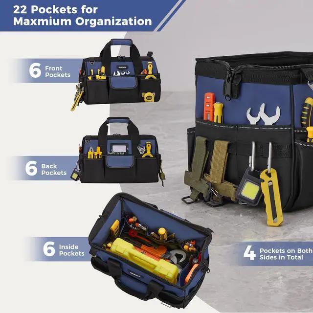 Alt view image 3 of 7 - 16-Inch Heavy Duty Tool Bag, 22 Pockets Empty Tool Box Organizer Storage, Soft Large Tote Toolbox Organization Portable Handle Carry Drill Toolbag for Handyman Home DIYer, Dad Men Gifts, Blue