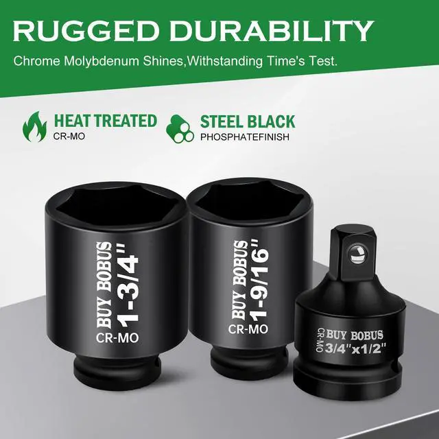 Alt view image 2 of 7 - 1/2" Drive Impact Socket Set, 9-Piece Standard SAE Deep Axle Nut Sockets, 6-Point, Cr-Mo,1-1/41-3/81-7/161-1/21-9/161-5/81-11/161-3/4, Impact Socket Adapter (3/4" x 1/2")