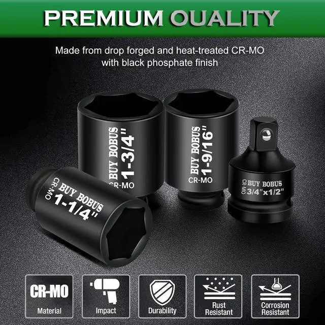 Alt view image 3 of 7 - 1/2" Drive Impact Socket Set, 9-Piece Standard SAE Deep Axle Nut Sockets, 6-Point, Cr-Mo,1-1/41-3/81-7/161-1/21-9/161-5/81-11/161-3/4, Impact Socket Adapter (3/4" x 1/2")