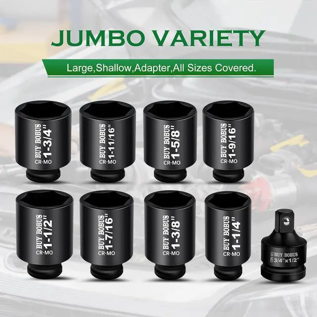 Alt view image 4 of 7 - 1/2" Drive Impact Socket Set, 9-Piece Standard SAE Deep Axle Nut Sockets, 6-Point, Cr-Mo,1-1/41-3/81-7/161-1/21-9/161-5/81-11/161-3/4, Impact Socket Adapter (3/4" x 1/2")