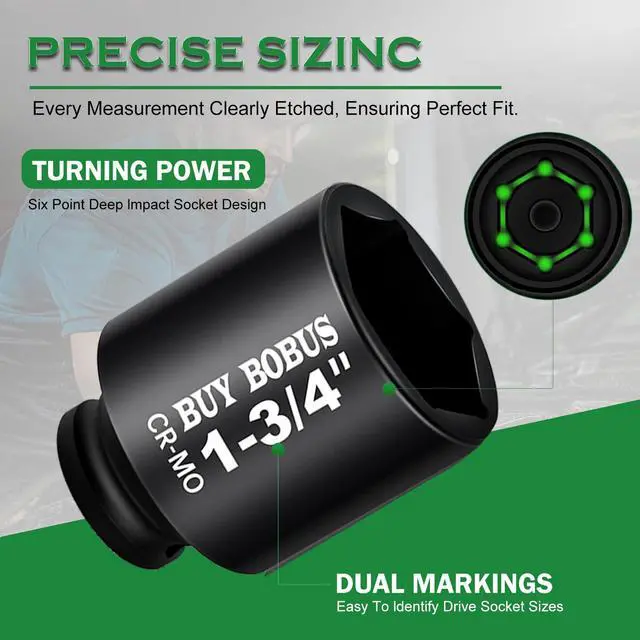 Alt view image 7 of 7 - 1/2" Drive Impact Socket Set, 9-Piece Standard SAE Deep Axle Nut Sockets, 6-Point, Cr-Mo,1-1/41-3/81-7/161-1/21-9/161-5/81-11/161-3/4, Impact Socket Adapter (3/4" x 1/2")