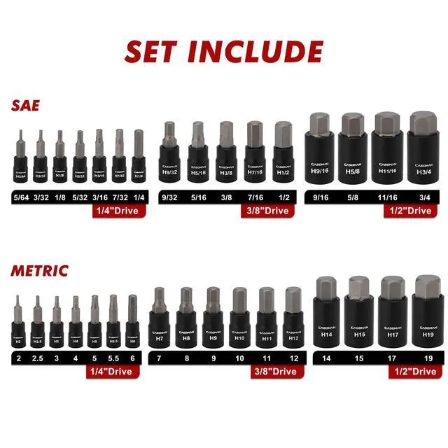 Alt view image 3 of 7 - 71-Piece Master Hex & Torx Bit Socket Set, 1/4" & 3/8" & 1/2" Drive, Metric/SAE Hex Bit Sockets, Star Bit Sockets (T6 - T70), E-Torx Sockets (E4 - E24), with Storage Case