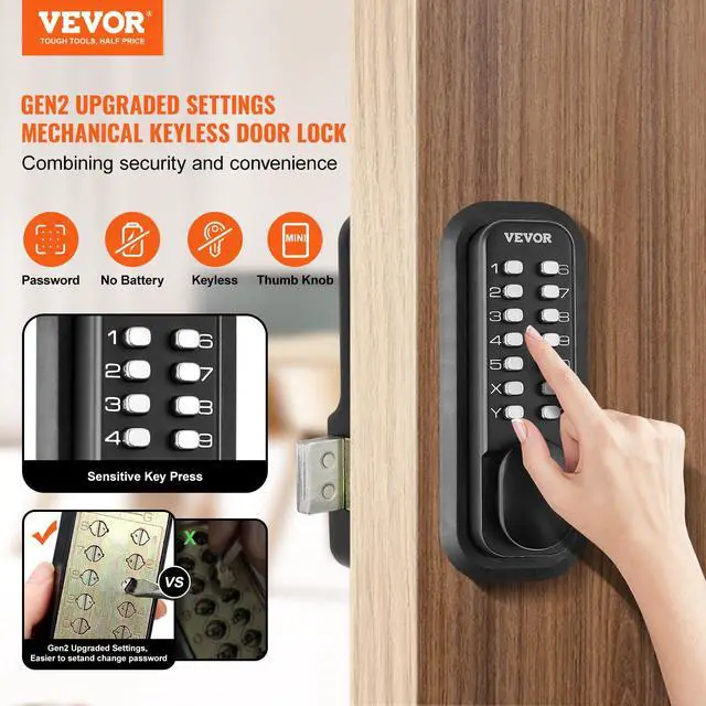 Alt view image 2 of 7 - Mechanical Keyless Entry Door Lock, 14 Digit Keypad, Outdoor Gate Door Locks Set with Surface-Mounted Latch, Water-Proof Zinc Alloy, Keypad and Knob, Easy to Install, for Garden, Garage, Yard