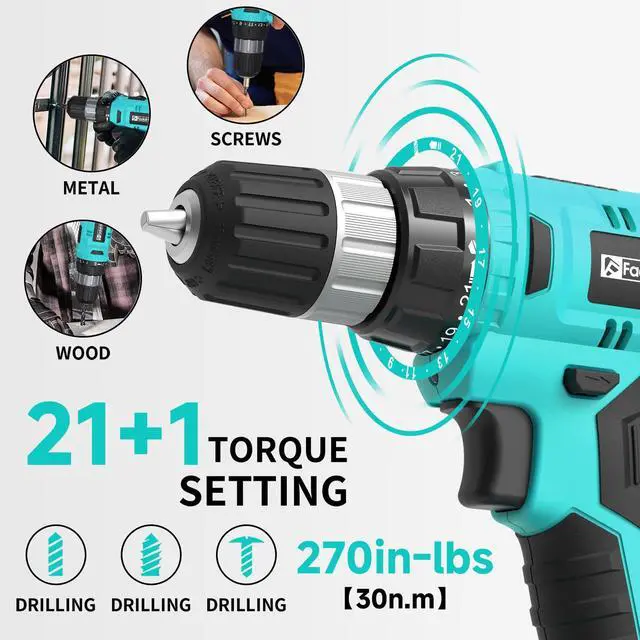 Alt view image 4 of 7 - Cordless Drill Set, 20V Electric Power Drill With Battery And Charger, 30N Torque, 21+1 Settings, 3/8-Inch Keyless Chuck, Driver Bits Kit, LED Light (Turquoise