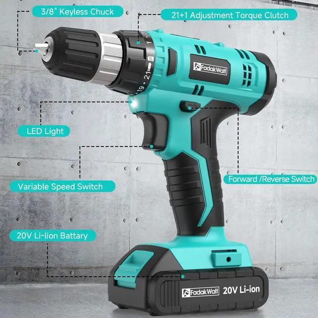 Alt view image 3 of 7 - Cordless Drill Set, 20V Electric Power Drill With Battery And Charger, 30N Torque, 21+1 Settings, 3/8-Inch Keyless Chuck, Driver Bits Kit, LED Light (Turquoise