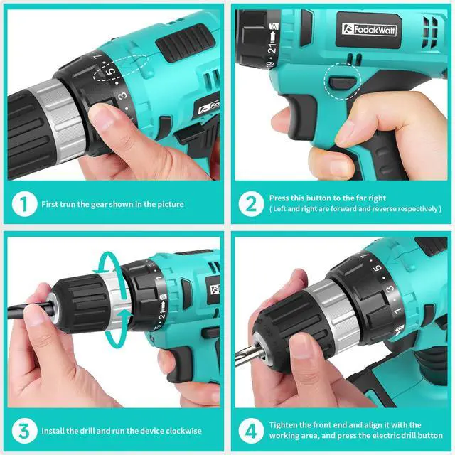 Alt view image 5 of 7 - Cordless Drill Set, 20V Electric Power Drill With Battery And Charger, 30N Torque, 21+1 Settings, 3/8-Inch Keyless Chuck, Driver Bits Kit, LED Light (Turquoise