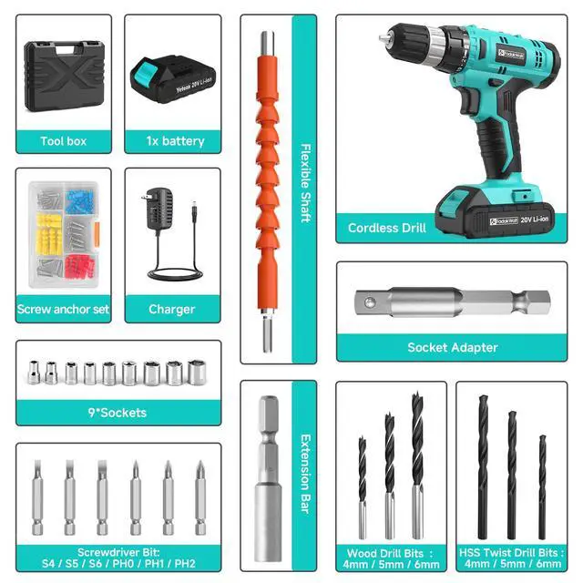 Alt view image 2 of 7 - Cordless Drill Set, 20V Electric Power Drill With Battery And Charger, 30N Torque, 21+1 Settings, 3/8-Inch Keyless Chuck, Driver Bits Kit, LED Light (Turquoise