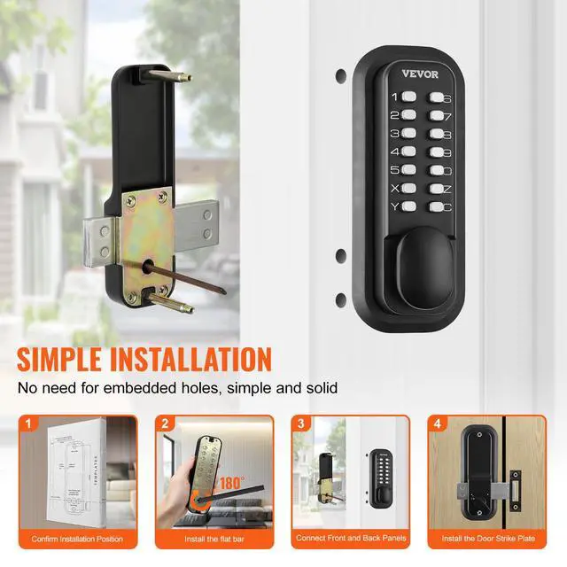 Alt view image 6 of 7 - Mechanical Keyless Entry Door Lock, 14 Digit Keypad, Outdoor Gate Door Locks Set with Surface-Mounted Latch, Water-Proof Zinc Alloy, Keypad and Knob, Easy to Install, for Garden, Garage, Yard