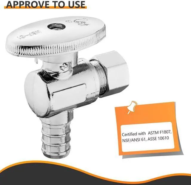 Alt view image 3 of 7 - 10PC 1/2" PEX-B Crimp x 3/8" OD Compression Angle Stop Valve | 1/4 Turn Shut Off Valve,for Bathroom, ASTM F1807(VALVE076-10)