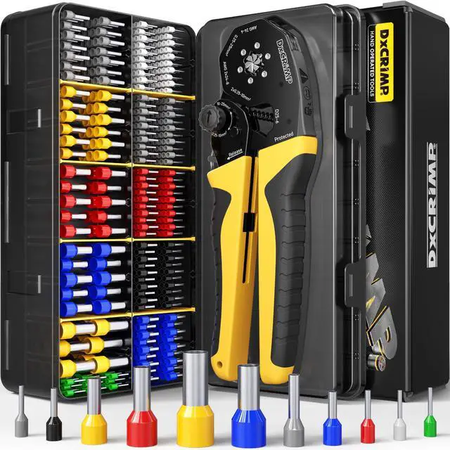 Main image of Hex Ferrule Crimping Tool Kit, AWG 24-4 (0.25-25mm²) Self-Adjusting Ratcheting Wire Crimper with 11-Type Terminal Assortment for 12V Automotive, Marine & Home Electrical Wiring