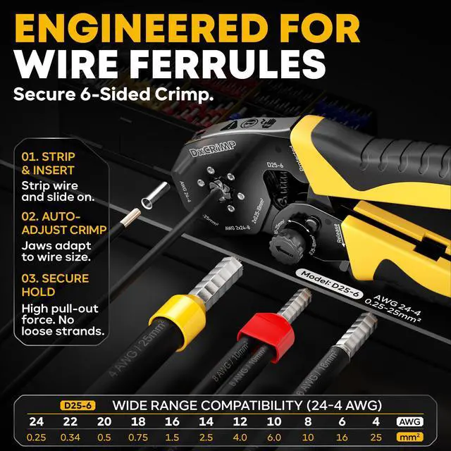 Alt view image 2 of 7 - Hex Ferrule Crimping Tool Kit, AWG 24-4 (0.25-25mm²) Self-Adjusting Ratcheting Wire Crimper with 11-Type Terminal Assortment for 12V Automotive, Marine & Home Electrical Wiring