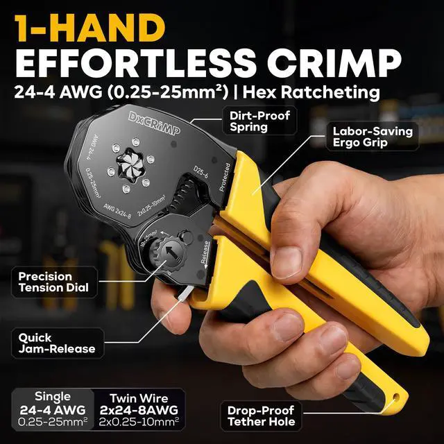 Alt view image 5 of 7 - Hex Ferrule Crimping Tool Kit, AWG 24-4 (0.25-25mm²) Self-Adjusting Ratcheting Wire Crimper with 11-Type Terminal Assortment for 12V Automotive, Marine & Home Electrical Wiring