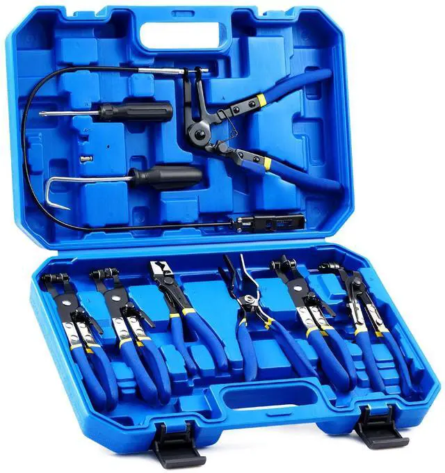 Main image of OMT 9pcs Hose Clamp Pliers for Fuel Oil & Water Hoses | Automotive Long Reach Hose Clamp Remover Kit with Flexible Wire Clic R Type Swivel Jaw Flat Band Pliers Case, Blue