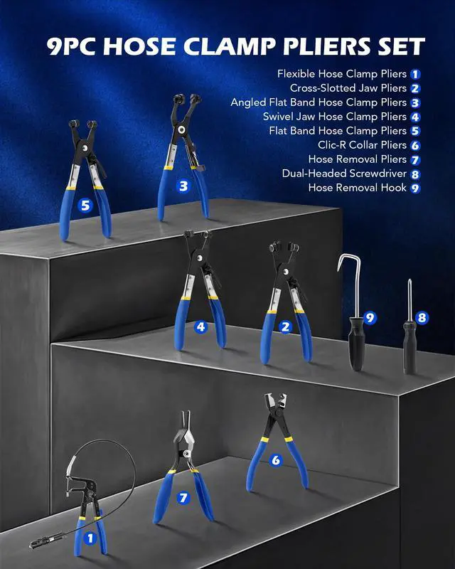 Alt view image 2 of 7 - OMT 9pcs Hose Clamp Pliers for Fuel Oil & Water Hoses | Automotive Long Reach Hose Clamp Remover Kit with Flexible Wire Clic R Type Swivel Jaw Flat Band Pliers Case, Blue