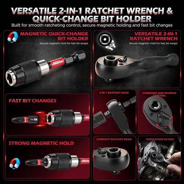 Alt view image 4 of 7 - 59-Piece Magnetic Nut Driver Bit Set, SAE and Metric Nut Drivers with Screwdriver Bits, Ratchet Wrench, Quick-Change Bit Holder and Storage Case for Automotive Repair, Home Repair and DIY Projects