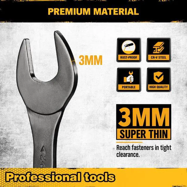 Alt view image 4 of 7 - 10-Piece Super-Thin Open End Wrench Set, Metric 5.5-27mm, CR-V Nickel Plated, 3 mm Thickness for Tight Spaces, 5.5, 7, 8, 9, 10, 11, 12, 13, 14, 15, 16, 17, 18, 19, 20, 21, 22, 23, 24, 27mm