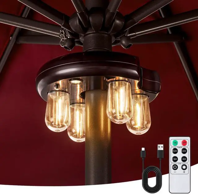 Main image of Patio Umbrella Light with Remote Control, Rechargeable Cordless LED Edison Bulbs Pole Light with 10 Brightness Levels for Garden, Patio, Backyard, Camping or BBQ - Brown (1 Pack)
