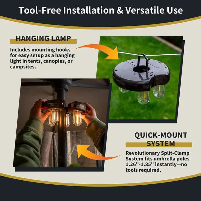 Alt view image 2 of 7 - Patio Umbrella Light with Remote Control, Rechargeable Cordless LED Edison Bulbs Pole Light with 10 Brightness Levels for Garden, Patio, Backyard, Camping or BBQ - Brown (1 Pack)