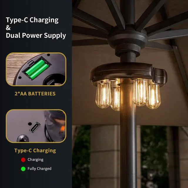 Alt view image 3 of 7 - Patio Umbrella Light with Remote Control, Rechargeable Cordless LED Edison Bulbs Pole Light with 10 Brightness Levels for Garden, Patio, Backyard, Camping or BBQ - Brown (1 Pack)