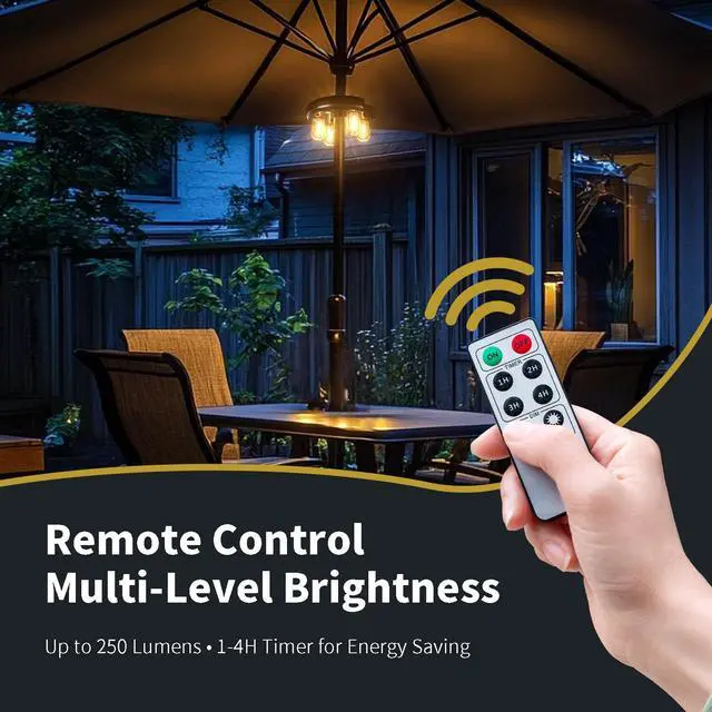Alt view image 4 of 7 - Patio Umbrella Light with Remote Control, Rechargeable Cordless LED Edison Bulbs Pole Light with 10 Brightness Levels for Garden, Patio, Backyard, Camping or BBQ - Brown (1 Pack)