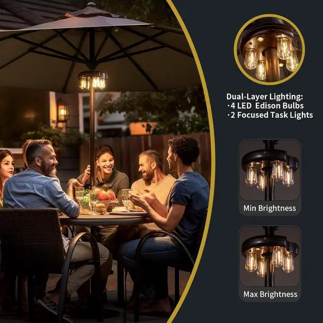 Alt view image 5 of 7 - Patio Umbrella Light with Remote Control, Rechargeable Cordless LED Edison Bulbs Pole Light with 10 Brightness Levels for Garden, Patio, Backyard, Camping or BBQ - Brown (1 Pack)