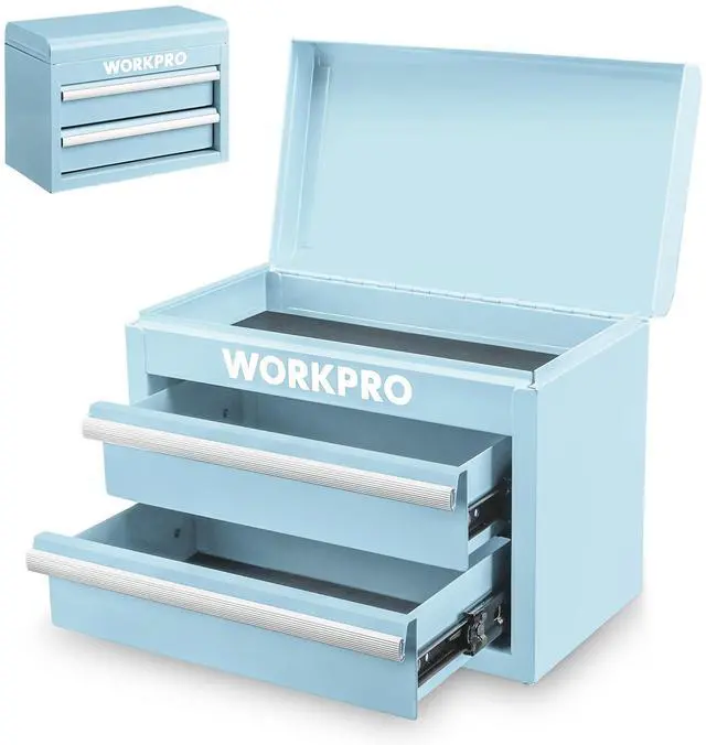 Main image of Metal Mini Tool Box with 2 Drawers and Top Storage | Cold Rolled Steel Toolbox, Ball Bearing Slides, PVC Drawer Liners, PP Feet Pads, Durable Storage