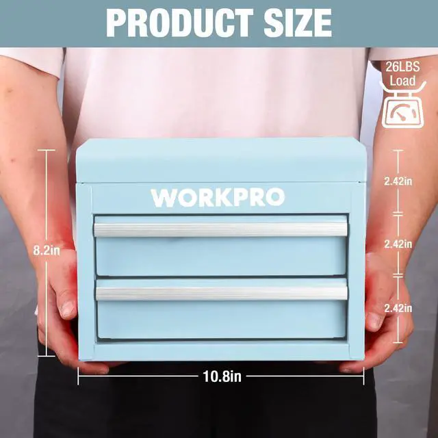 Alt view image 2 of 7 - Metal Mini Tool Box with 2 Drawers and Top Storage | Cold Rolled Steel Toolbox, Ball Bearing Slides, PVC Drawer Liners, PP Feet Pads, Durable Storage