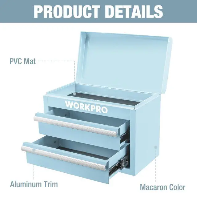 Alt view image 3 of 7 - Metal Mini Tool Box with 2 Drawers and Top Storage | Cold Rolled Steel Toolbox, Ball Bearing Slides, PVC Drawer Liners, PP Feet Pads, Durable Storage