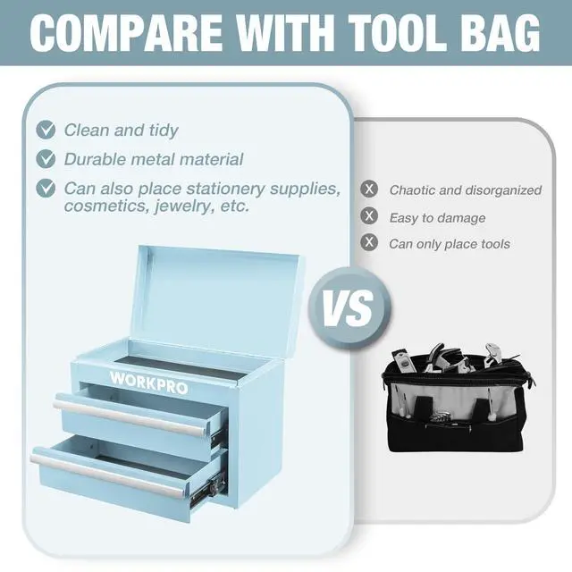 Alt view image 5 of 7 - Metal Mini Tool Box with 2 Drawers and Top Storage | Cold Rolled Steel Toolbox, Ball Bearing Slides, PVC Drawer Liners, PP Feet Pads, Durable Storage