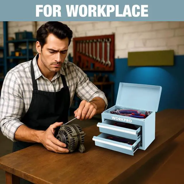 Alt view image 6 of 7 - Metal Mini Tool Box with 2 Drawers and Top Storage | Cold Rolled Steel Toolbox, Ball Bearing Slides, PVC Drawer Liners, PP Feet Pads, Durable Storage