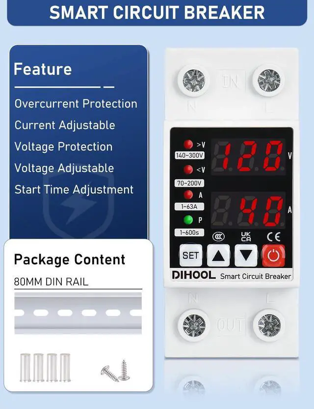 Alt view image 3 of 7 - Adjustable Voltage Protector 110V 220V, Low/High Voltage Cutoff and Overcurrent Protection, 70-200V Undervoltage, 140-300V Overvoltage, 1-63A Smart Circuit Breaker AC Disconnect, DIN Rail Mount