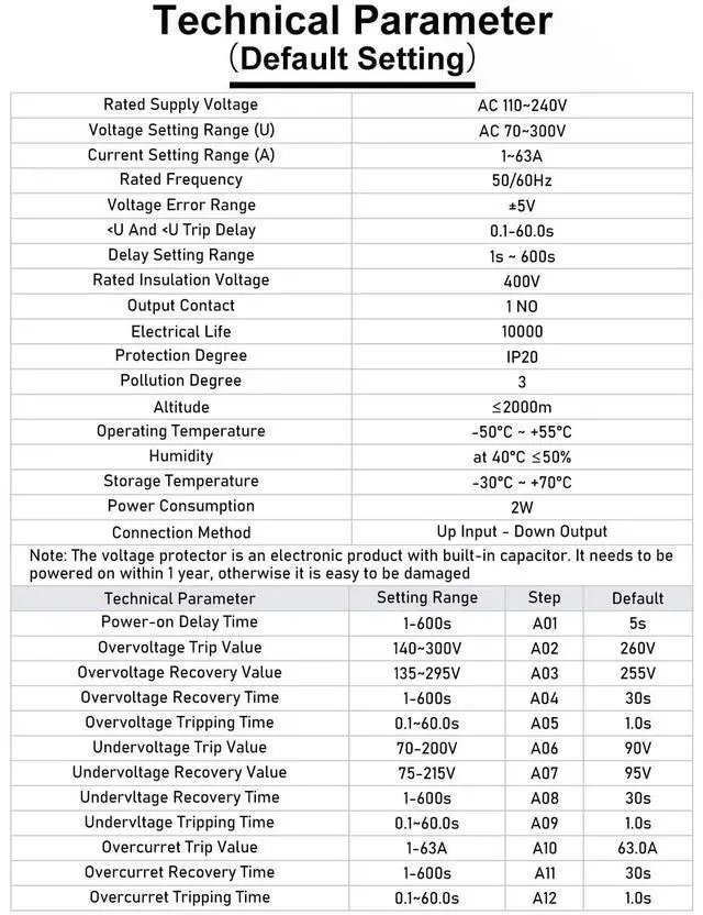 Alt view image 4 of 7 - Adjustable Voltage Protector 110V 220V, Low/High Voltage Cutoff and Overcurrent Protection, 70-200V Undervoltage, 140-300V Overvoltage, 1-63A Smart Circuit Breaker AC Disconnect, DIN Rail Mount