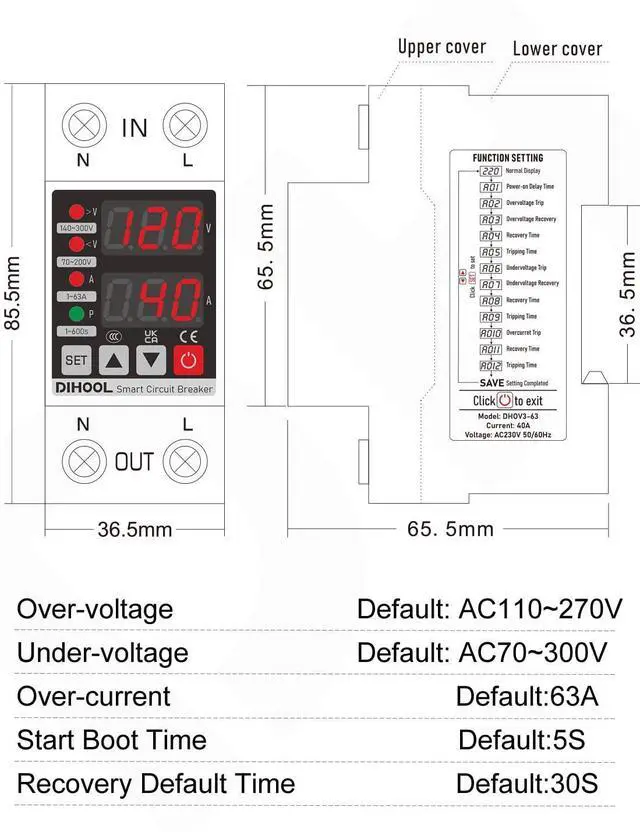 Alt view image 5 of 7 - Adjustable Voltage Protector 110V 220V, Low/High Voltage Cutoff and Overcurrent Protection, 70-200V Undervoltage, 140-300V Overvoltage, 1-63A Smart Circuit Breaker AC Disconnect, DIN Rail Mount