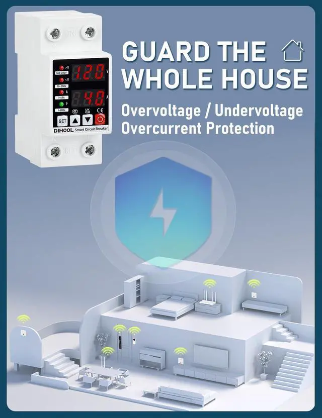 Alt view image 6 of 7 - Adjustable Voltage Protector 110V 220V, Low/High Voltage Cutoff and Overcurrent Protection, 70-200V Undervoltage, 140-300V Overvoltage, 1-63A Smart Circuit Breaker AC Disconnect, DIN Rail Mount
