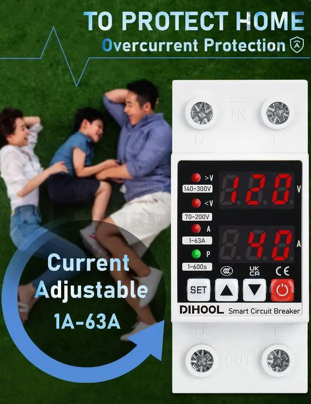 Alt view image 7 of 7 - Adjustable Voltage Protector 110V 220V, Low/High Voltage Cutoff and Overcurrent Protection, 70-200V Undervoltage, 140-300V Overvoltage, 1-63A Smart Circuit Breaker AC Disconnect, DIN Rail Mount