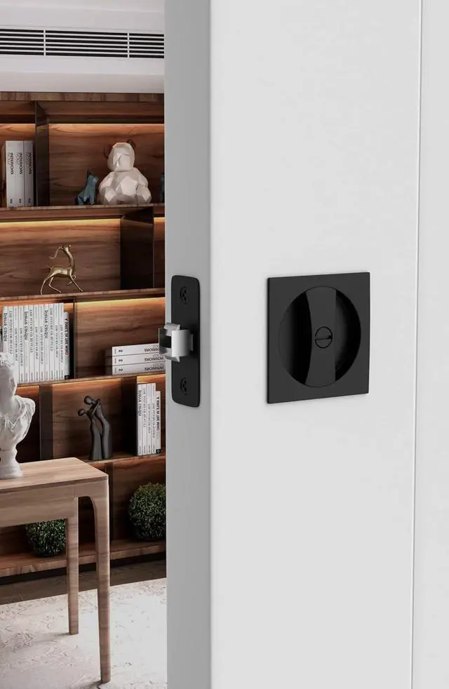Alt view image 2 of 7 - Matte Black Pocket Door Lock, Zinc Alloy Black Pocket Door Hardware(2-3/8" Backset), Pocket Door Handles Square Pocket Door Locks for Bathroom for Closet Door Lock- 1 Pack