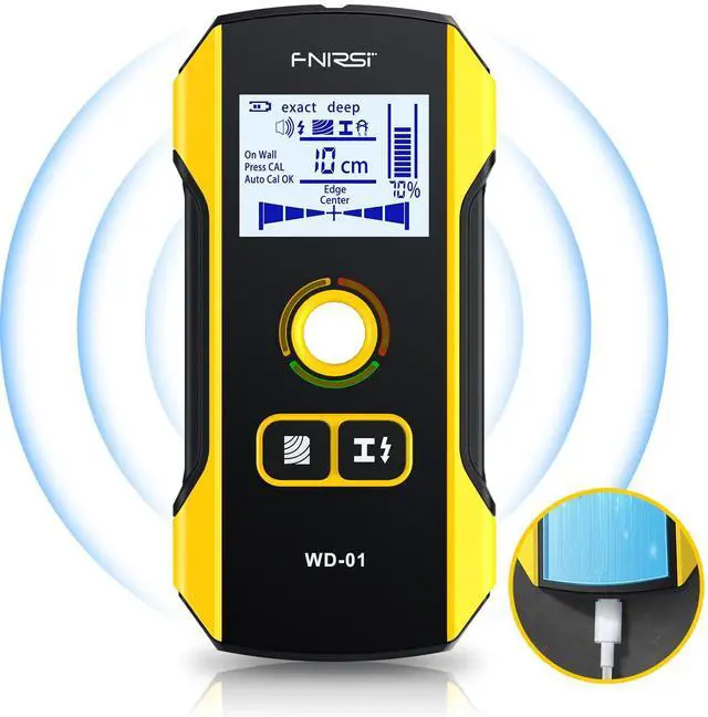 Main image of WD-01 6 in 1 Rechargeable Stud Finder Wall Scanner, Positioning Hole | for Wood Drywall Metal AC Wires Joist Pipe Stud Center Detecting, Audio Alarm, Digital Deep Scan Detector Inside the Wall