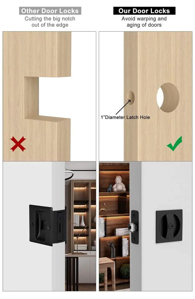 Alt view image 3 of 7 - Matte Black Pocket Door Lock, Zinc Alloy Black Pocket Door Hardware(2-3/8" Backset), Pocket Door Handles Square Pocket Door Locks for Bathroom for Closet Door Lock- 1 Pack