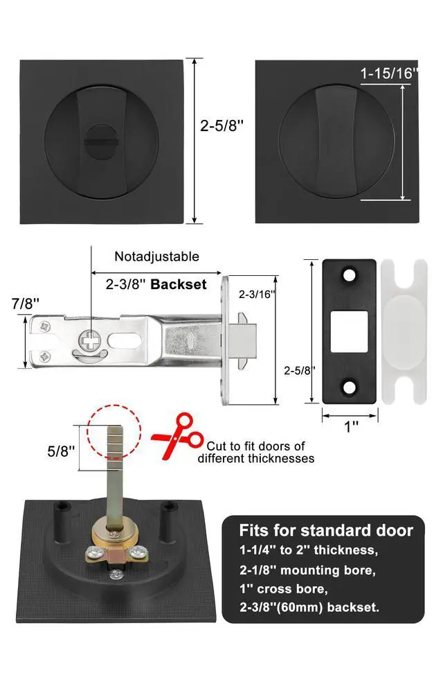 Alt view image 4 of 7 - Matte Black Pocket Door Lock, Zinc Alloy Black Pocket Door Hardware(2-3/8" Backset), Pocket Door Handles Square Pocket Door Locks for Bathroom for Closet Door Lock- 1 Pack
