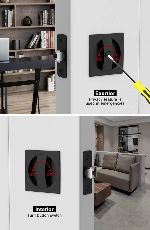 Alt view image 5 of 7 - Matte Black Pocket Door Lock, Zinc Alloy Black Pocket Door Hardware(2-3/8" Backset), Pocket Door Handles Square Pocket Door Locks for Bathroom for Closet Door Lock- 1 Pack