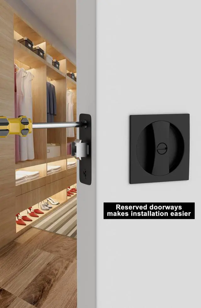 Alt view image 6 of 7 - Matte Black Pocket Door Lock, Zinc Alloy Black Pocket Door Hardware(2-3/8" Backset), Pocket Door Handles Square Pocket Door Locks for Bathroom for Closet Door Lock- 1 Pack