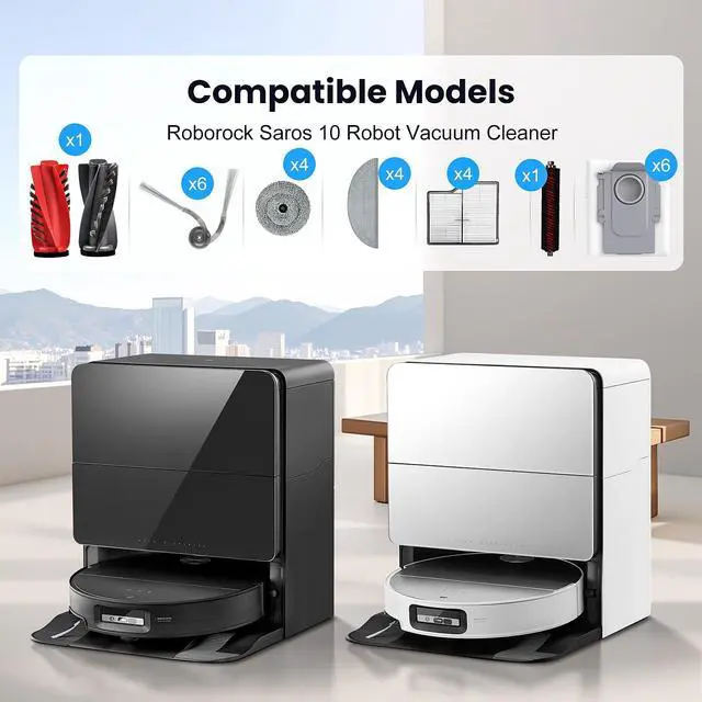 Alt view image 2 of 7 - 29 Pack Accessories Kit for Roborock Saros 10 Robot Vacuum | 1 Pairs Mainbrush 6 Side Brush 4 Filter 6 Dust Bags 4 Long Mop 4 Small Round Mop 1 Base Station Brush 2 Tools