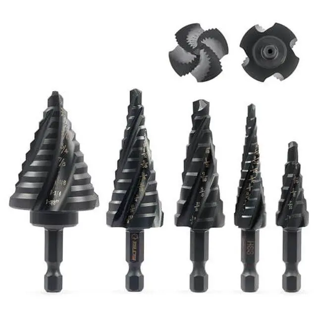 Alt view image 2 of 2 - Step Drill Bit Set, 5PCS Four Spiral Flute Step Bits for Metal, 50 Sizes Titanium-Coated HSS Drill Bits with 1/4" Hex Shank for Stainless Steel Aluminum Wood Plastic