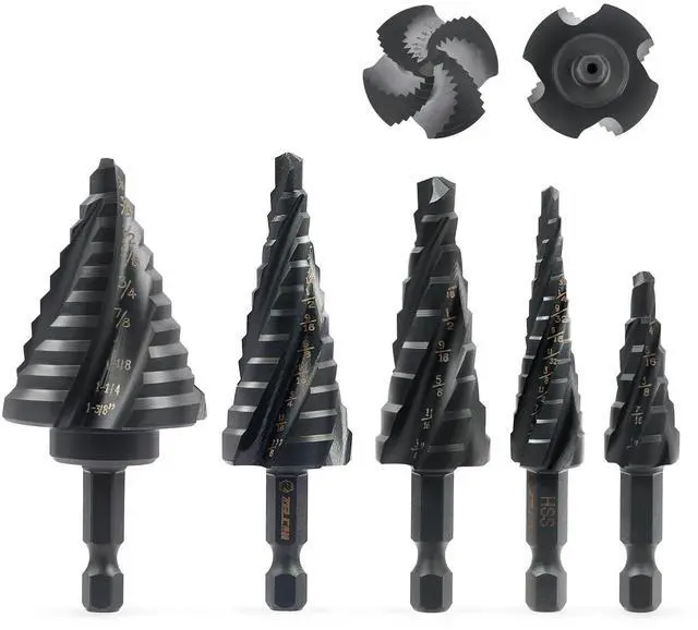 Main image of Step Drill Bit Set, 5PCS Four Spiral Flute Step Bits for Metal, 50 Sizes Titanium-Coated HSS Drill Bits with 1/4" Hex Shank for Stainless Steel Aluminum Wood Plastic