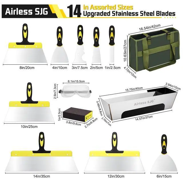 Alt view image 2 of 7 - 14-Piece Drywall Knife Set, Stainless Steel with Mud Pan | 14 pcs drywall tools: putty knives, taping knives, 14" mud pan, Oxford bag & sanding block for home repair