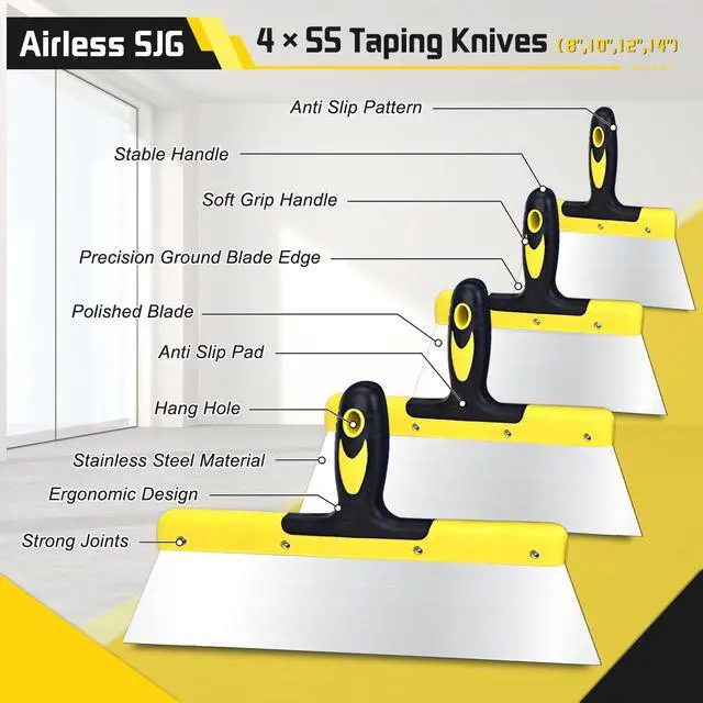 Alt view image 3 of 7 - 14-Piece Drywall Knife Set, Stainless Steel with Mud Pan | 14 pcs drywall tools: putty knives, taping knives, 14" mud pan, Oxford bag & sanding block for home repair