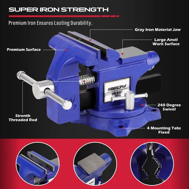 Alt view image 3 of 7 - Heavy Duty Bench Vise 4.5 Inch: Table Clamp Woodworking Vice Press Drill Tools Workbench Wood Metal Pipe Work Shop Block Swivel Slide Cross Welding Machine Kit Milling Grip Precision Magnetic Jaw Pad